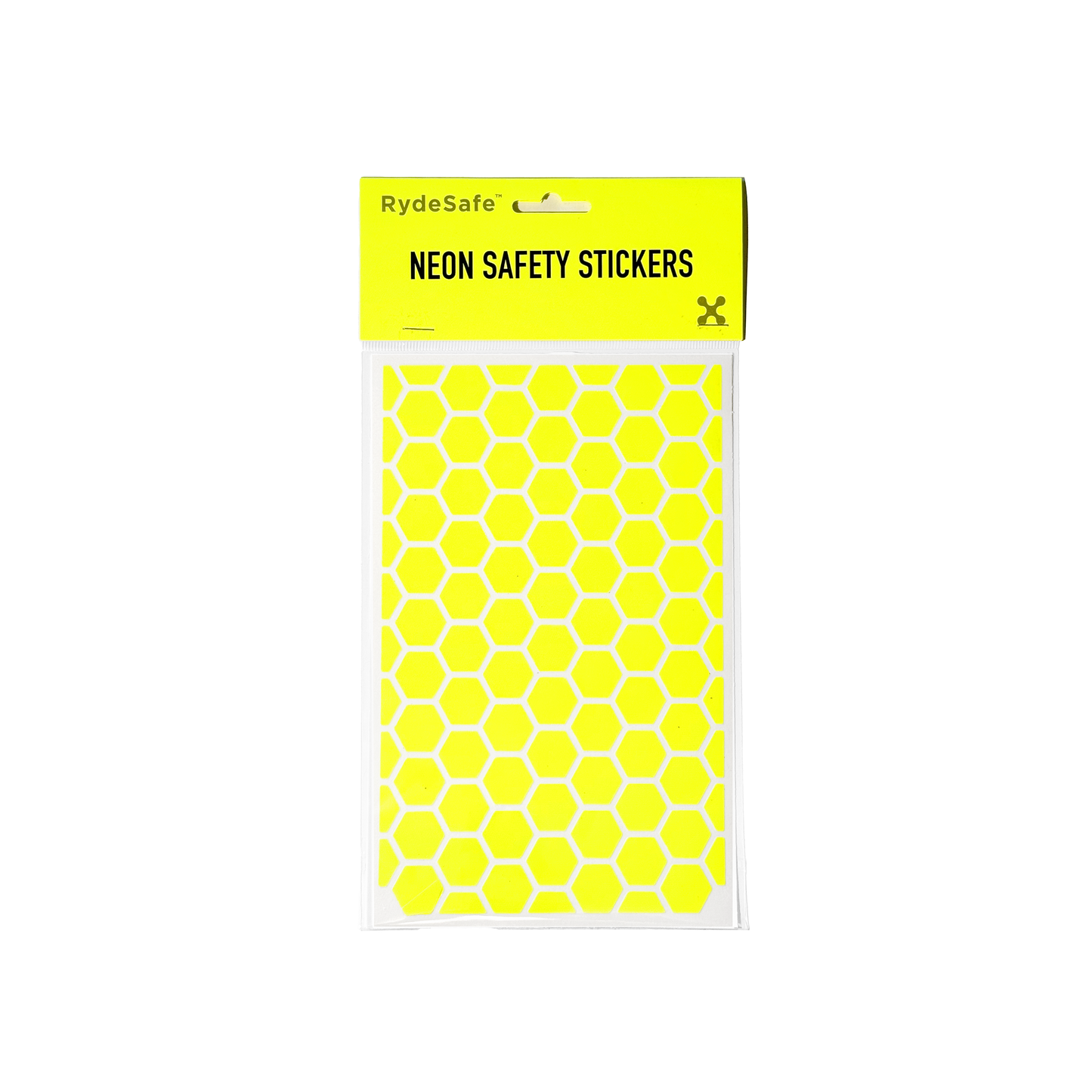 RydeSafe large hexagon bike safety decals in bright fluorescent yellow, offering bold daytime and low-light visibility for cyclists.