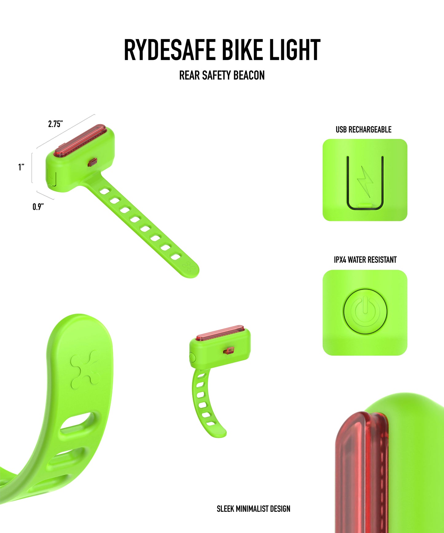 Rechargeable silicone bike light - rear tail light - green