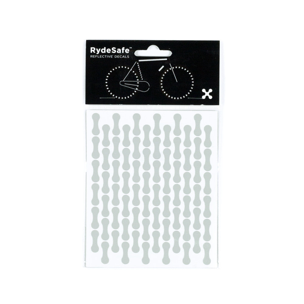 RydeSafe Reflective Decals - Chain Wrap Kit (white) Reflective stickers for bikes, motorcycles, helmets and more make your safer at night. These reflective decals reflect light back to its source, making you more visible on the road at night and in low-light conditions. Customize your gear to your preference.