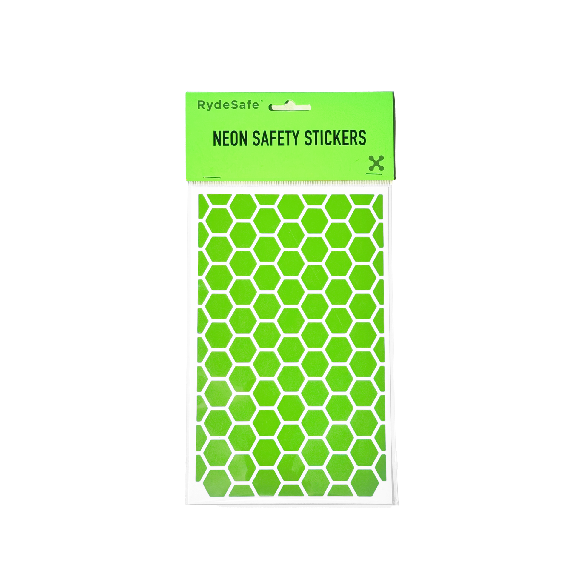 RydeSafe large hexagon bike safety decals in vivid fluorescent green, engineered to enhance safety and style in daylight conditions.