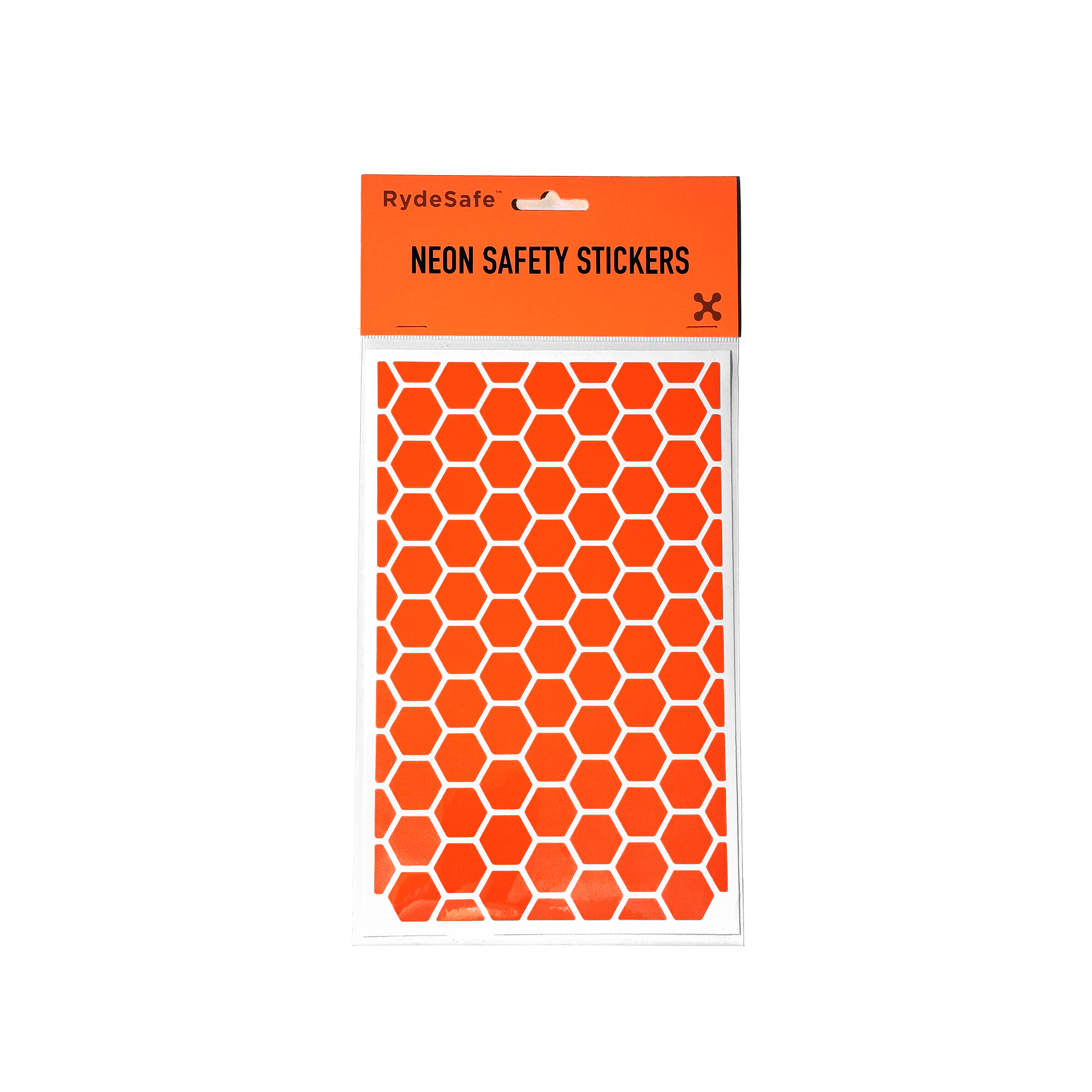 RydeSafe large hexagon bike safety decals in eye-catching fluorescent orange, providing enhanced visibility for bikes and helmets.