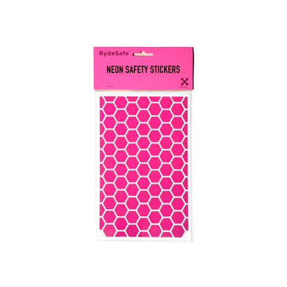 RydeSafe large hexagon bike safety decals in vibrant fluorescent pink, designed for high visibility on bikes, helmets, and gear