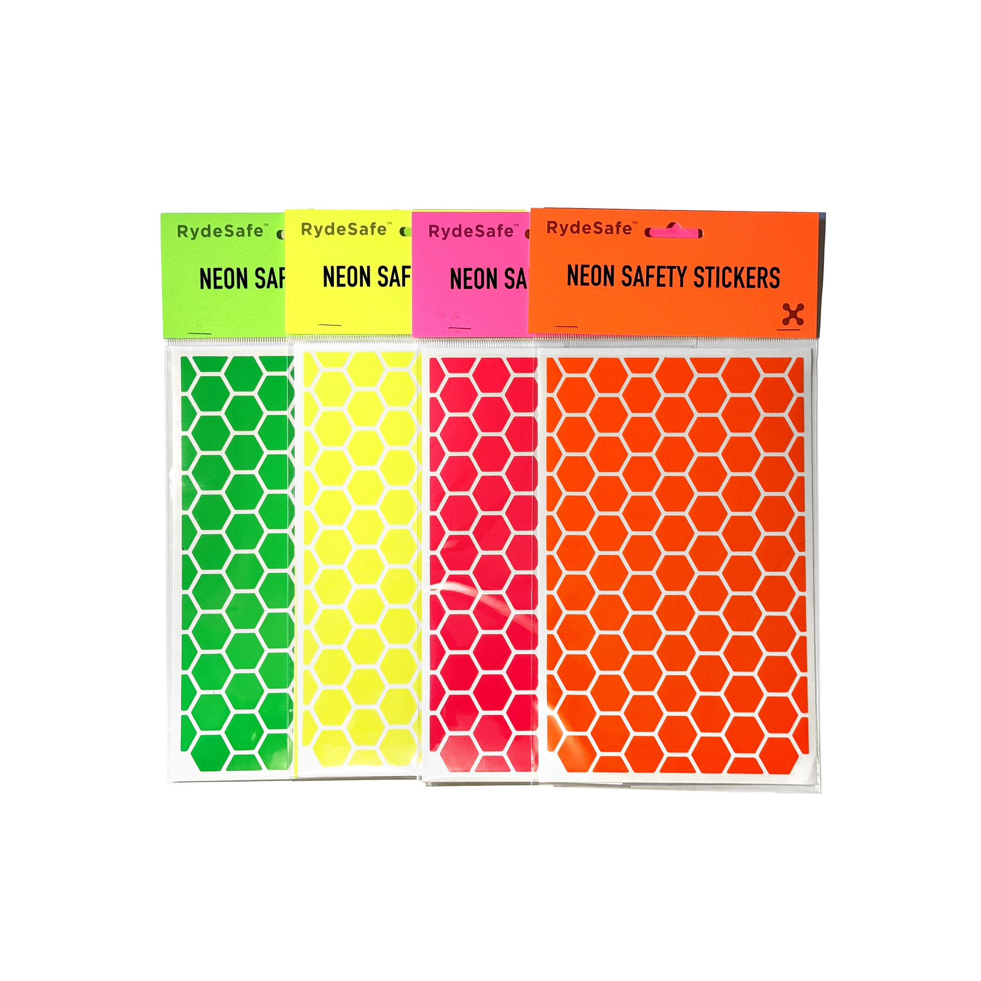 RydeSafe large hexagon bike safety decals in fluorescent pink, yellow, green, and orange, displayed together to showcase the full color range for high visibility and style.