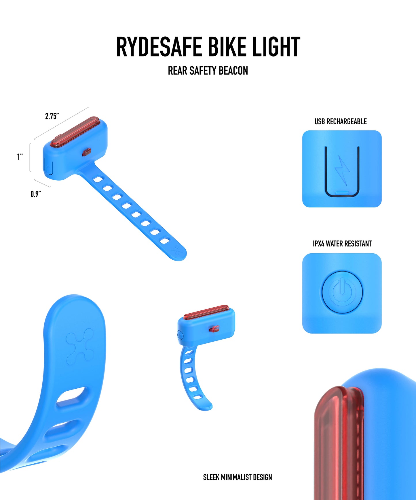 Rechargeable silicone bike light - rear tail light - blue