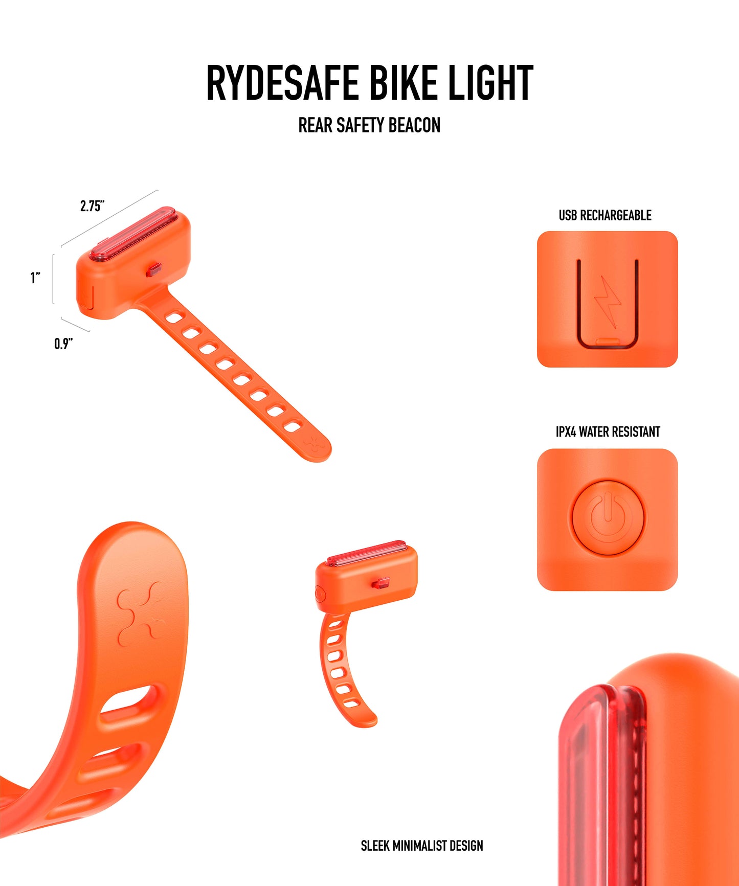 Rechargeable silicone bike light - rear tail light - orange