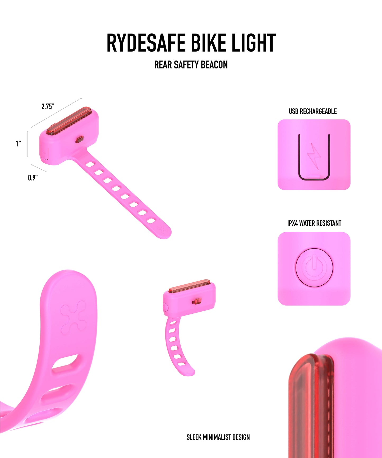 Rechargeable silicone bike light - rear tail light - pink